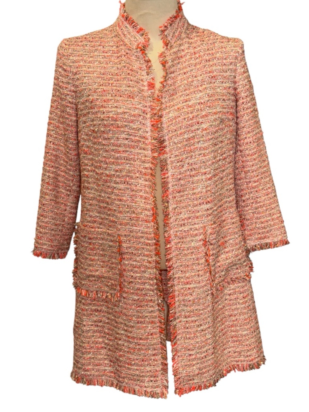 Neiman Marcus Tweed Jacket Fringe Bouclé Pink Coral Shimmer “Chanel” Style Small